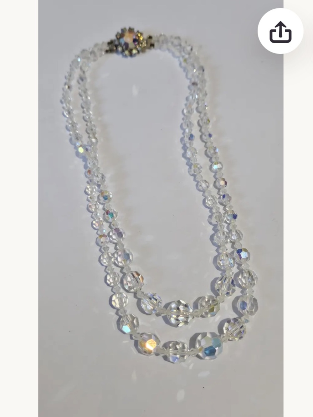 Vintage 1950’s Aurora Borealis Two Strand Crystal Glass Faceted Bead Necklace